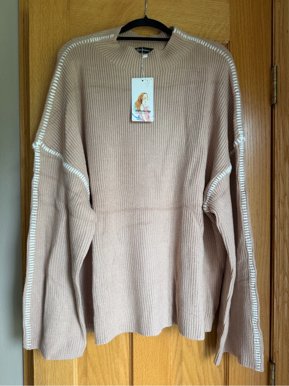 Pretty Garden Ribbed Knit Sweater XL NWT Contrast Stitch Mock Neck Tan